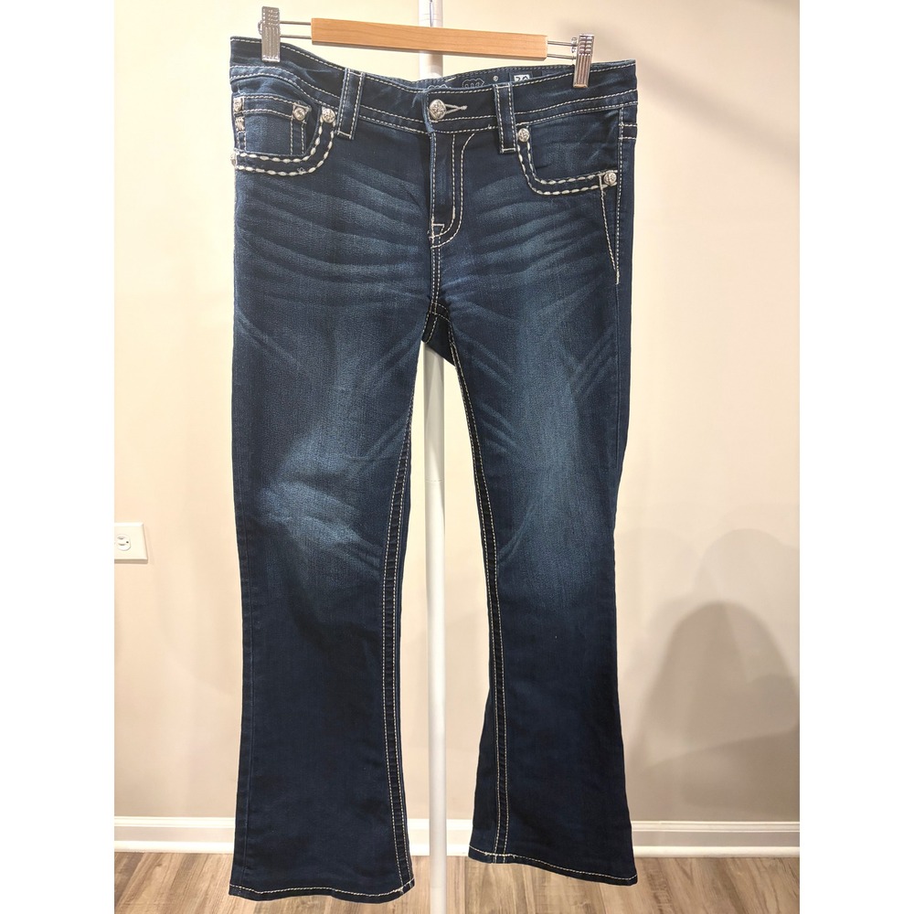 Miss Me Mid Rise Bootcut Jeans Size 30x34 Dark Wash Rhinestone Cross Pocket Y2K